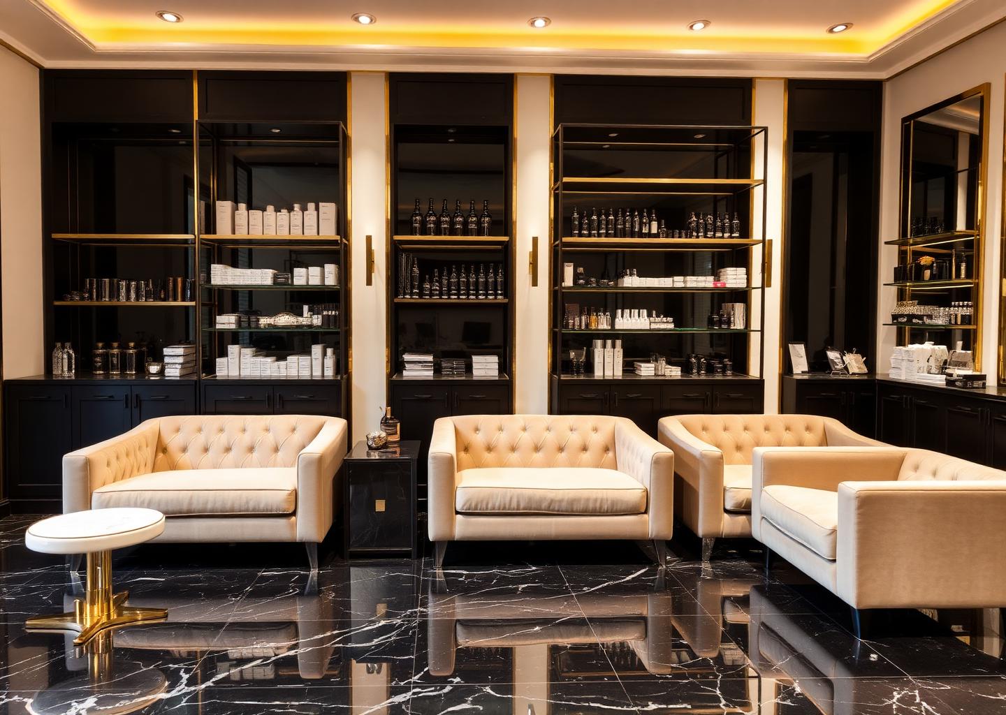 Beige velvet lounge seating and brass product shelving in the salon