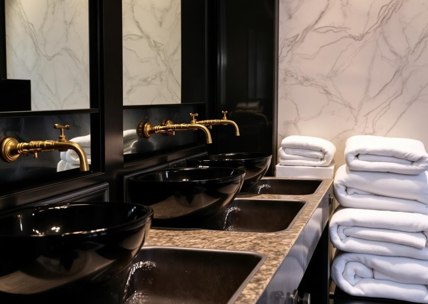 Black wash basins with brass taps and folded towels