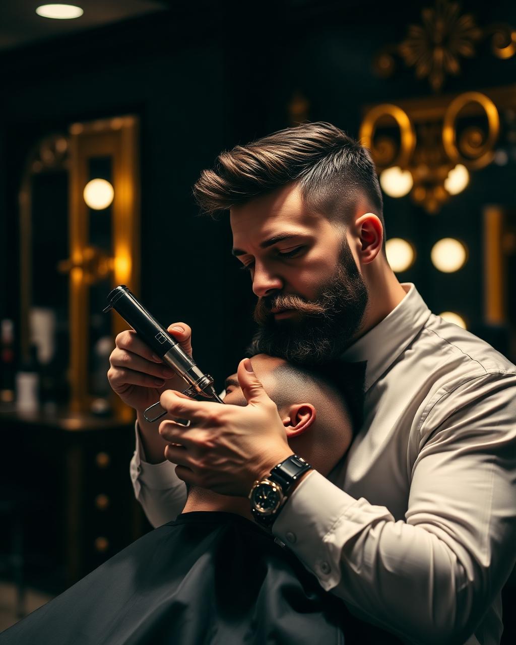 Barber sculpting a client's beard