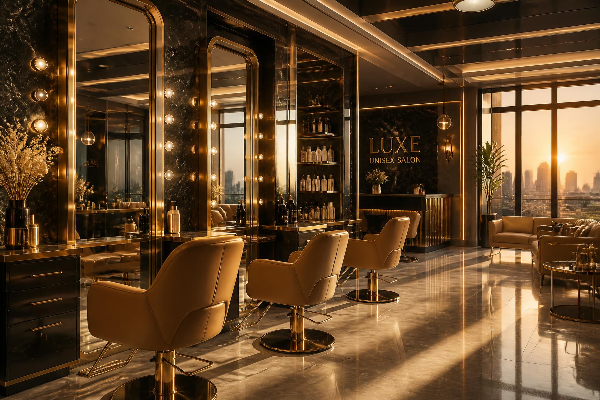 Interior of Maison Lumière unisex salon with gold-framed mirrors and beige styling chairs